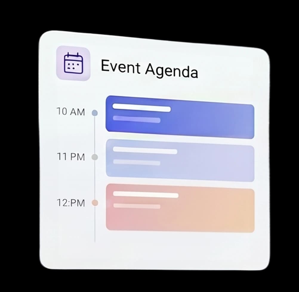 Event agenda card showing a timeline of sessions