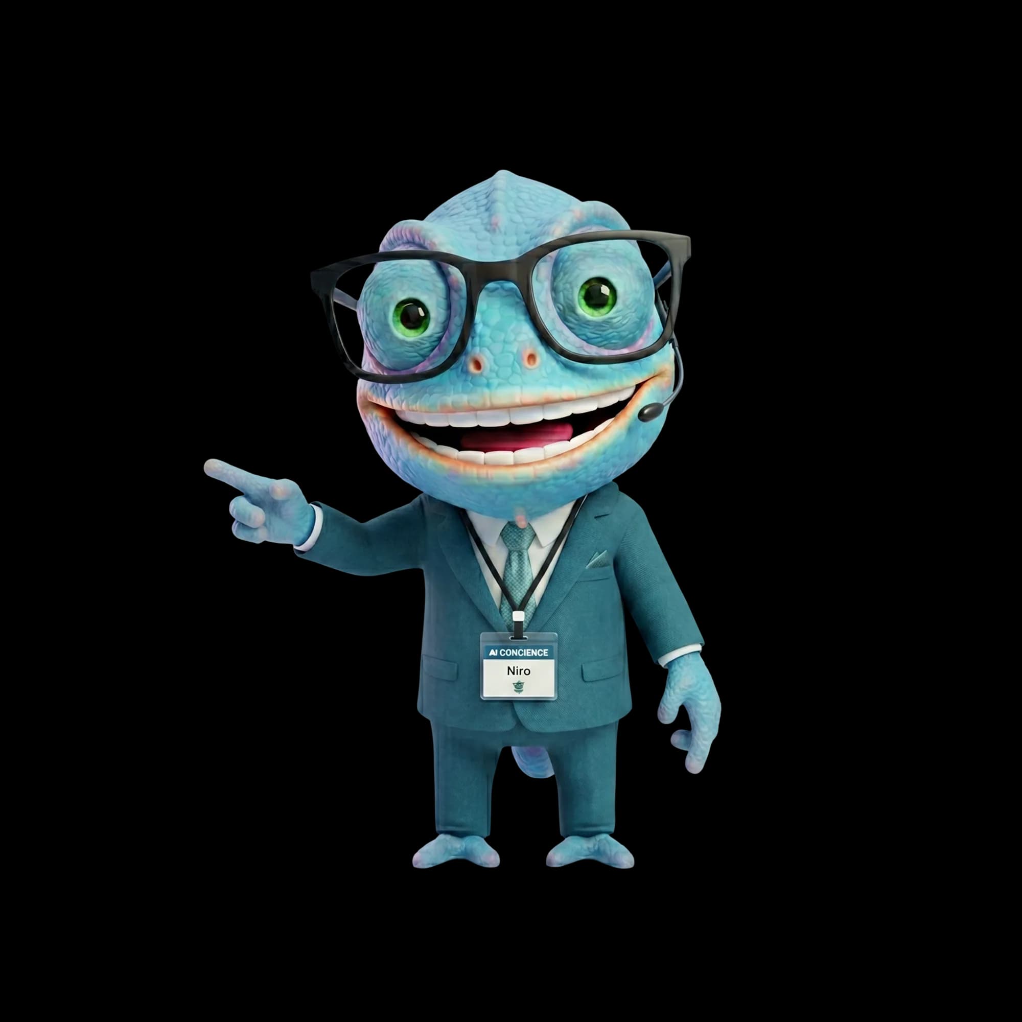 Niro, the event concierge mascot, pointing to the assistant's capabilities