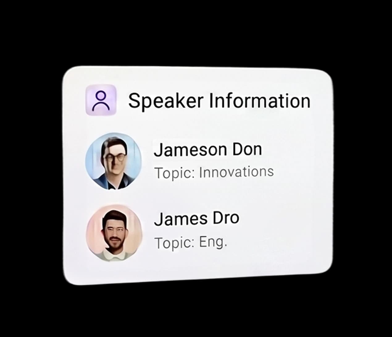 Speaker information card listing speakers and topics